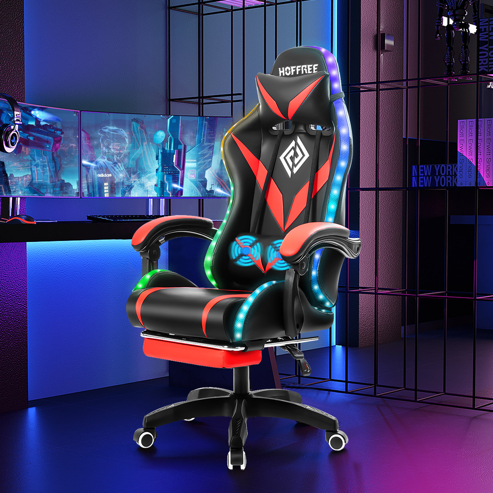 Hoffree RGB Gaming Chair with Speakers Massage Computer Gaming Chair with LED Lights and Footrest High Back Video Game Chair for Adults Red and Black